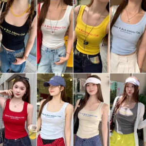 美式字母印花工字吊帶背心女夏辣妹風修身短款帶胸墊百搭無袖上衣・8 色可選