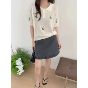 韓系polo領針織短袖T恤女2026新款夏季花朵刺繡寬鬆百搭顯瘦上衣
