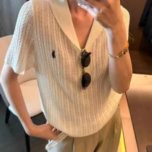 韓版寬鬆復古麻花刺繡顯瘦翻領短袖上衣女薄款打底針織・6 色可選