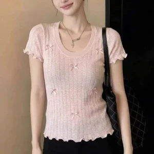 甜美風粉色蝴蝶結針織短袖t恤女修身顯瘦設計感・5 色可選 粉红色