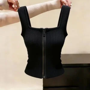 韓系吊帶背心短款修身無袖拉鍊上衣歐美風純色開衫