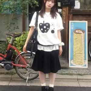 純棉打底衫慵懶寬松蘋果印花圓領短袖大碼T恤