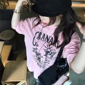 純棉打底衫慵懶寬松字母印花圓領短袖大碼T恤