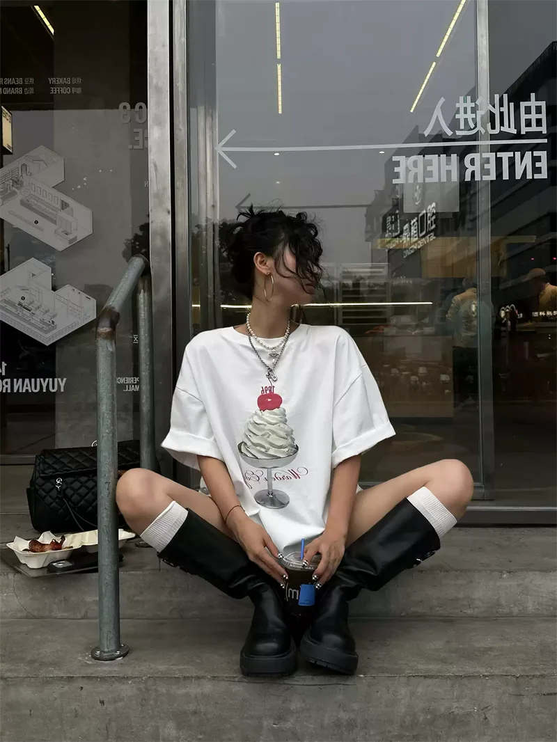 純棉打底衫慵懶寬松冰激凌印花圓領短袖大碼T恤 商品細節 3