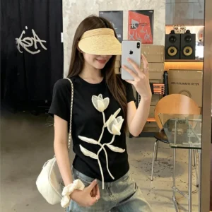 立體花朵圓領正肩短袖女修身210克精棉T恤上衣