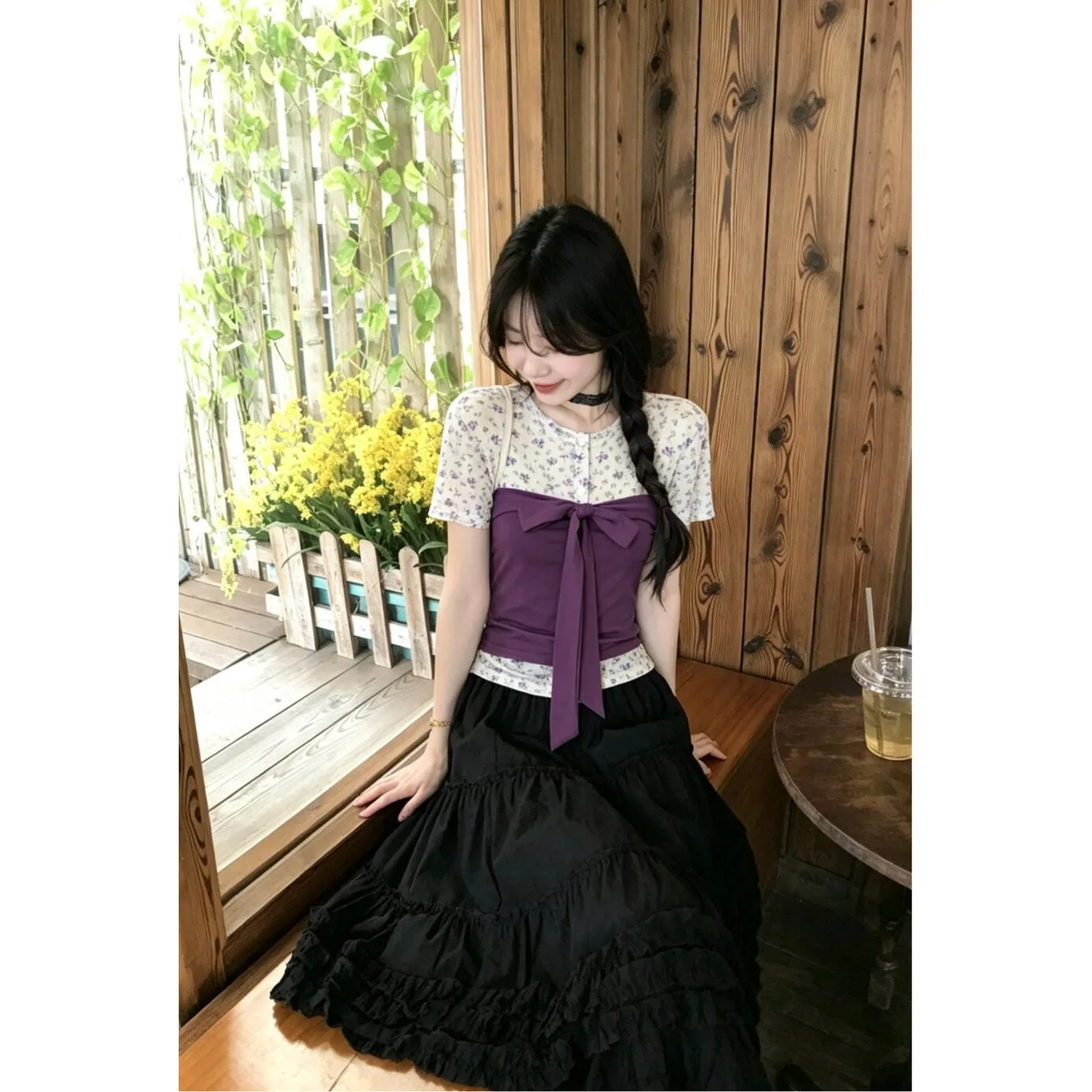甜美風碎花圓領正肩短袖T恤穿搭疊穿綁帶背心上衣兩件套:圖片 4