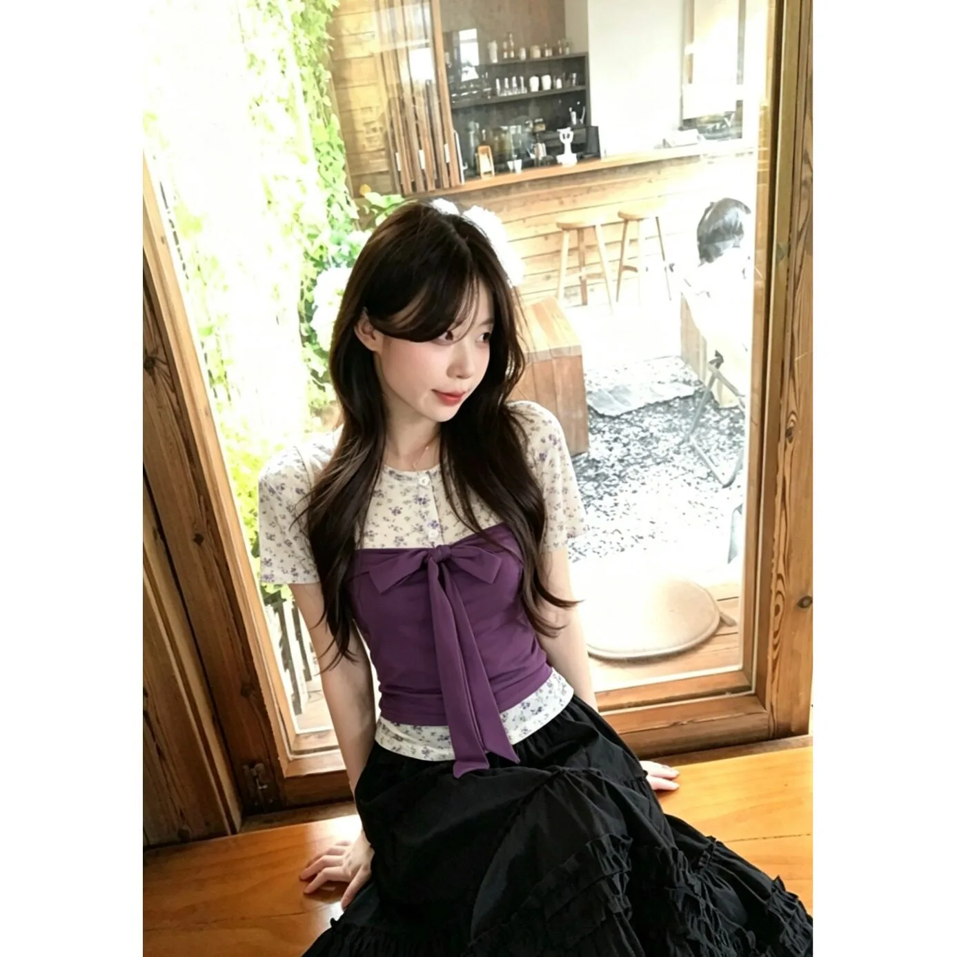 甜美風碎花圓領正肩短袖T恤穿搭疊穿綁帶背心上衣兩件套 商品細節 4