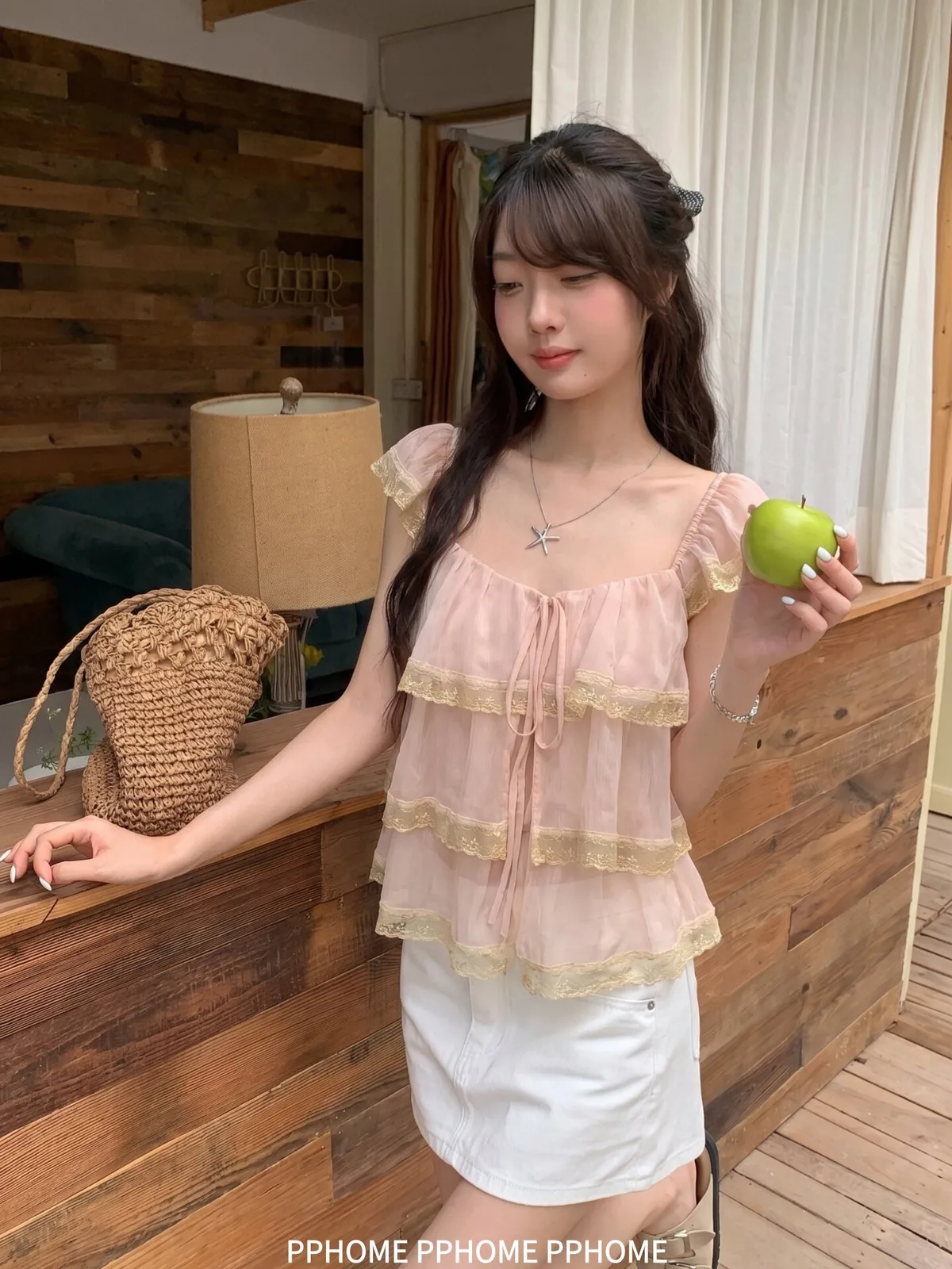 小眾重工定染蕾絲方領荷葉邊小飛袖上衣雪紡衫短袖女T恤 商品細節 1