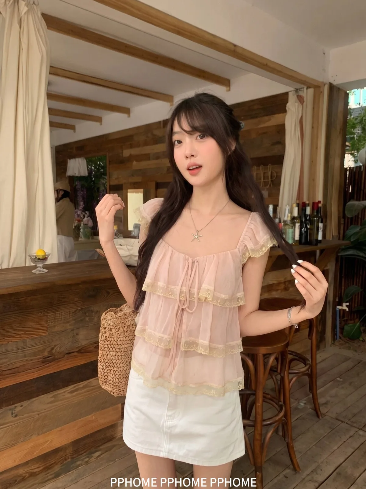 小眾重工定染蕾絲方領荷葉邊小飛袖上衣雪紡衫短袖女T恤 商品細節 3