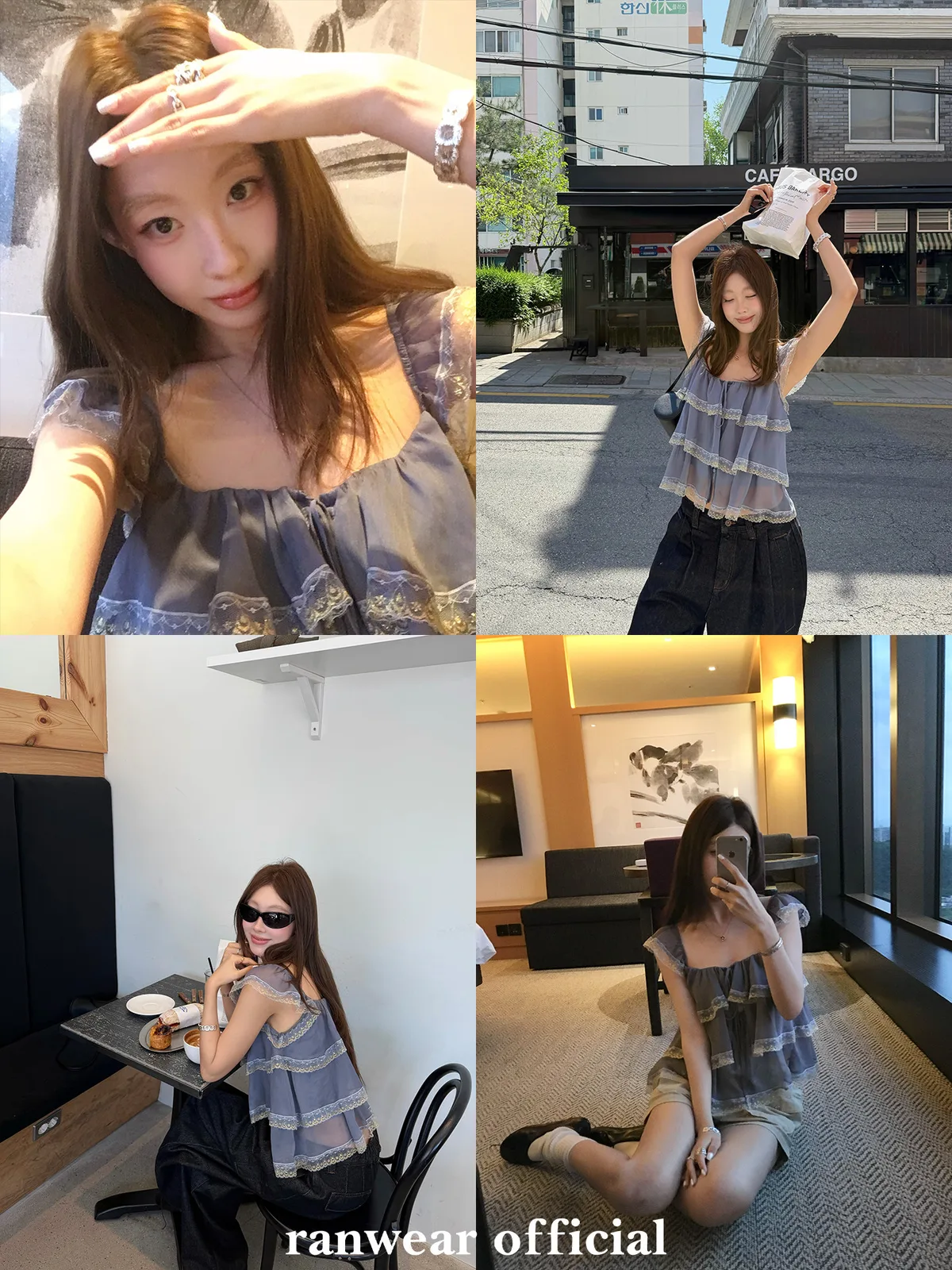 小眾設計感輕奢拼蕾絲拼接花邊方領仙氣小飛袖短袖上衣女T恤 商品細節 2