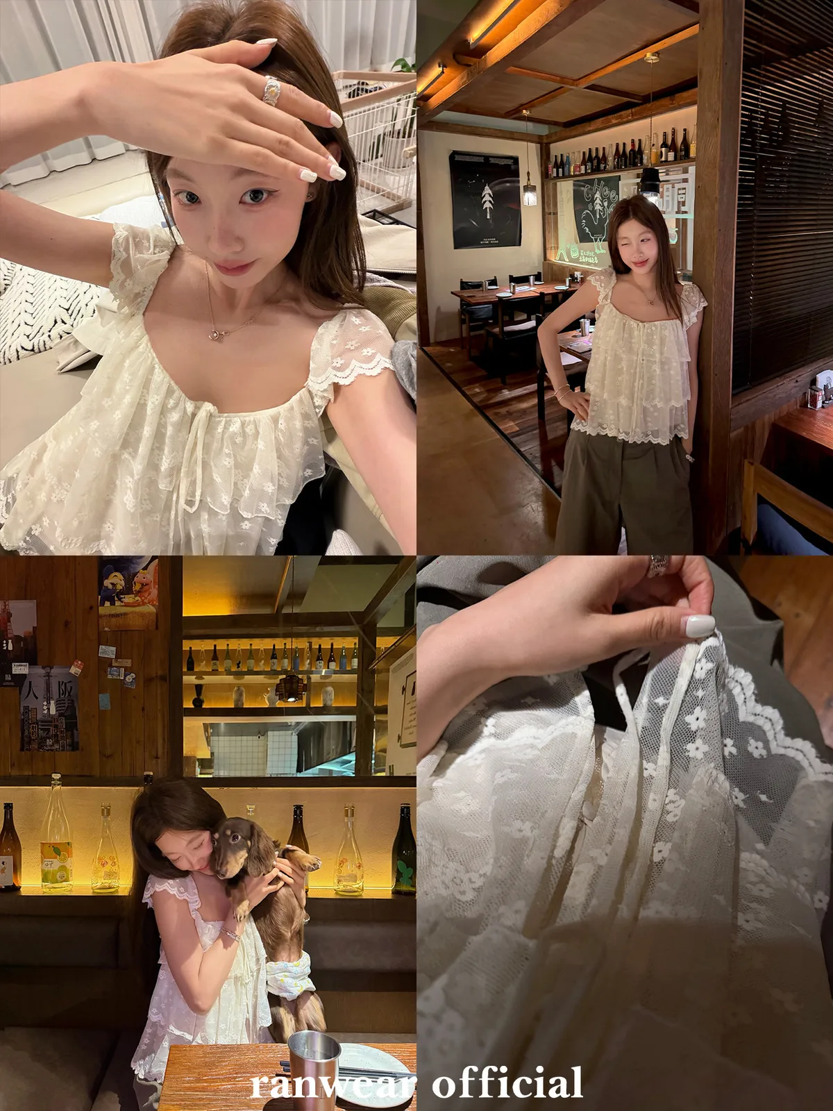 小眾設計感輕奢拼蕾絲拼接花邊方領仙氣小飛袖短袖上衣女T恤:圖片 5