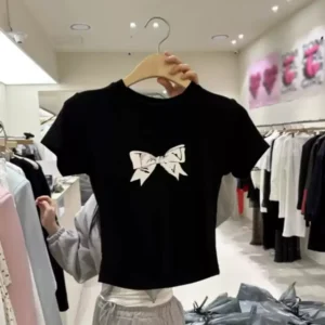 純棉打底衫蝴蝶結印花圓領短袖T恤寬松上衣