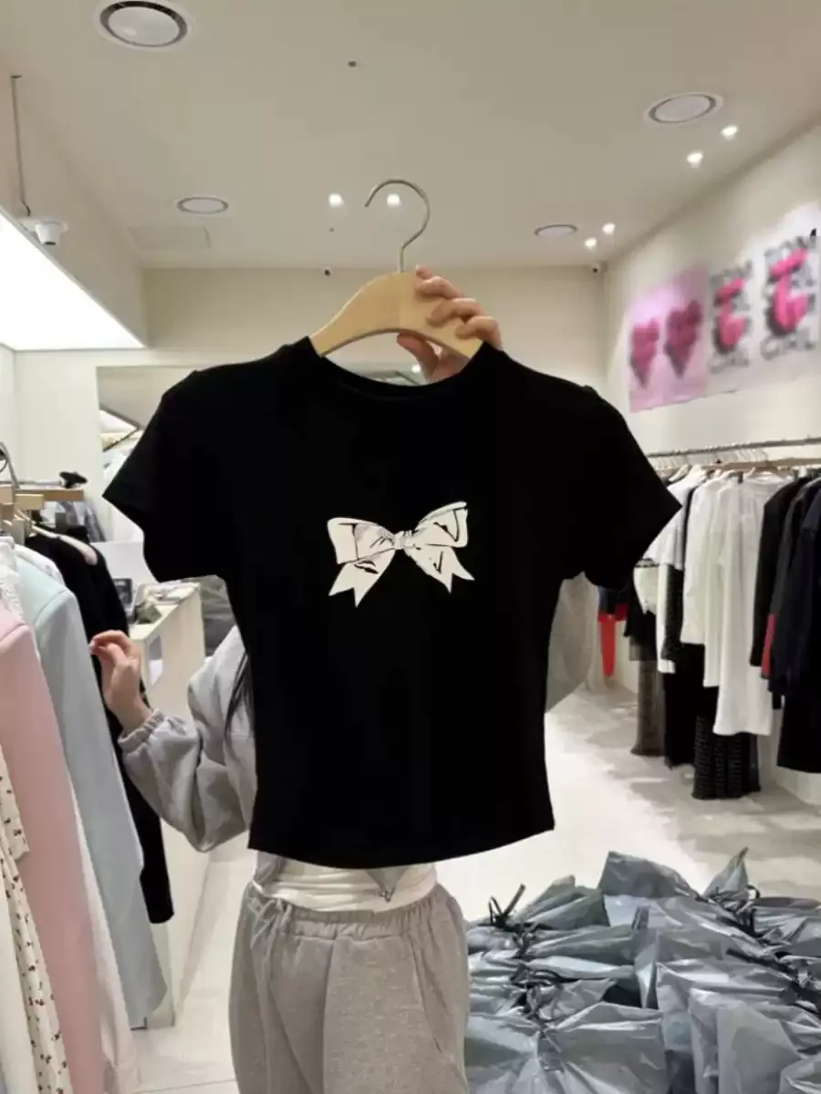 純棉打底衫蝴蝶結印花圓領短袖T恤寬松上衣