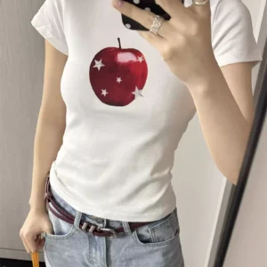 純棉打底衫女蘋果印花圓領短袖T恤寬松上衣