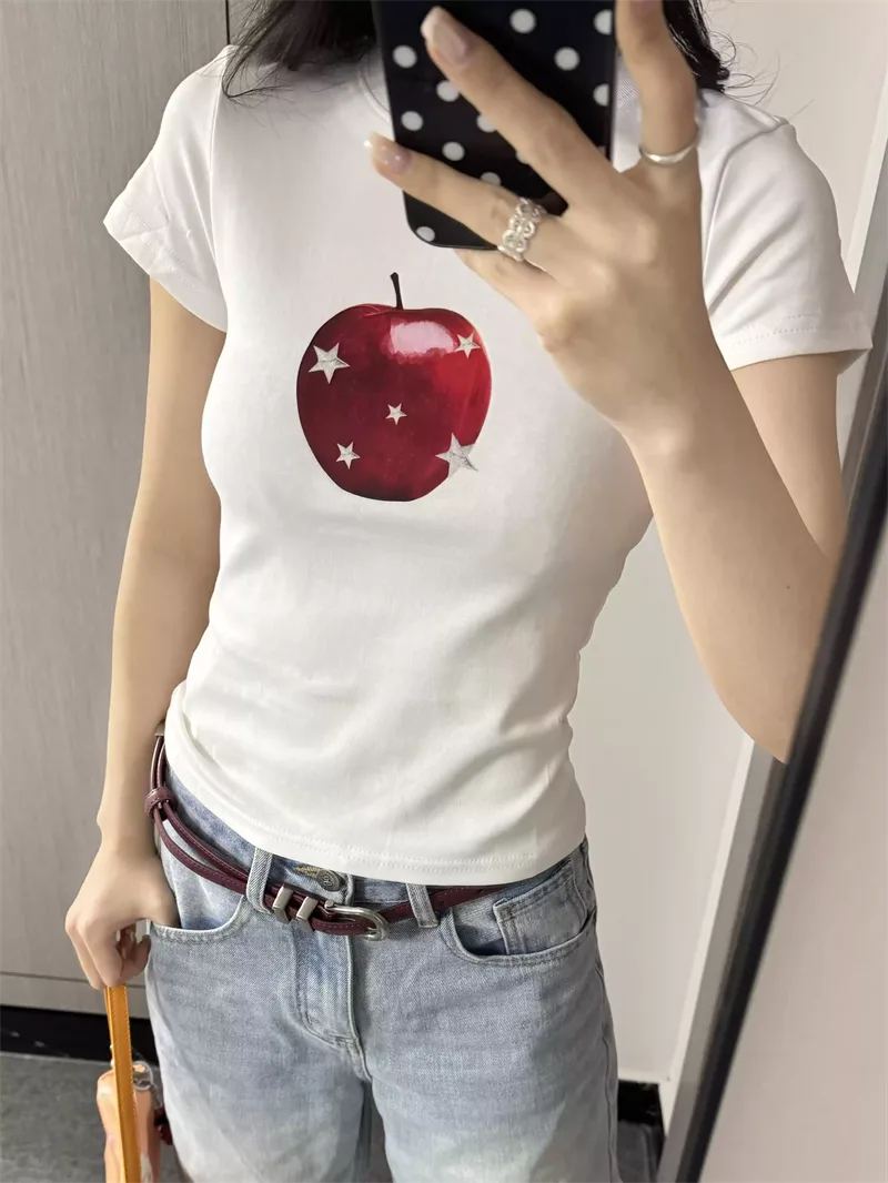 純棉打底衫女蘋果印花圓領短袖T恤寬松上衣