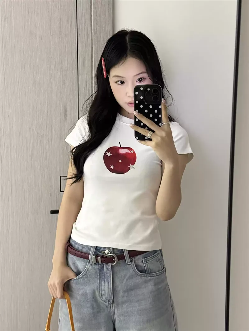 純棉打底衫女蘋果印花圓領短袖T恤寬松上衣:圖片 5