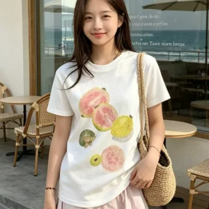 純棉打底衫女水果印花圓領短袖T恤寬松上衣