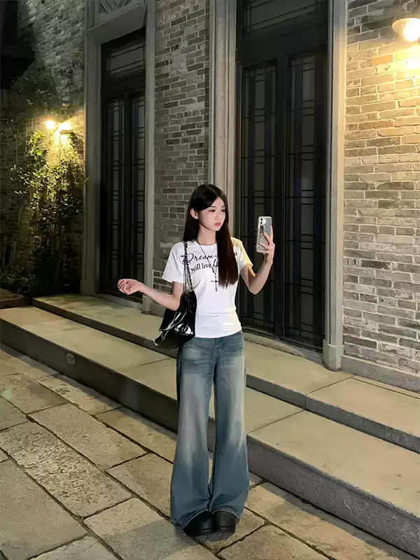 純棉打底衫女字母印花圓領短袖T恤寬松上衣:圖片 2