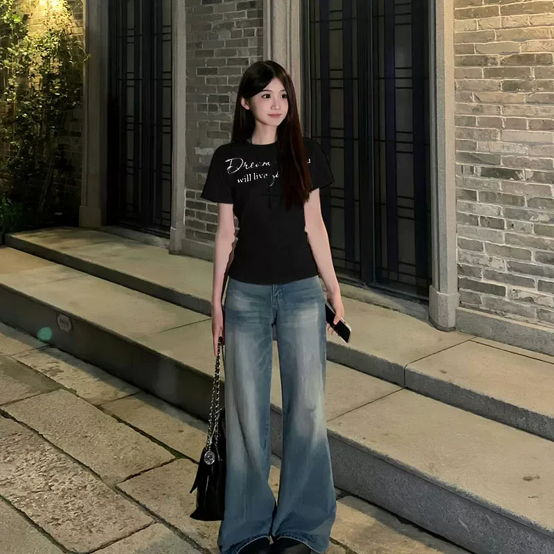 純棉打底衫女字母印花圓領短袖T恤寬松上衣:圖片 3