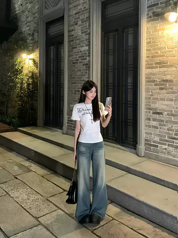 純棉打底衫女字母印花圓領短袖T恤寬松上衣:圖片 5