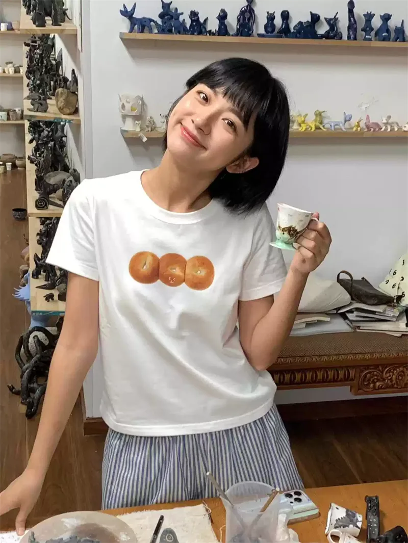 純棉打底衫女麵包印花圓領短袖T恤寬松上衣 商品細節 3