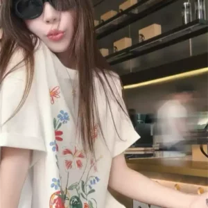 純棉打底衫慵懶寬松花朵印花圓領短袖大碼T恤