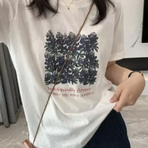 純棉打底衫慵懶寬松花朵印花圓領短袖大碼T恤