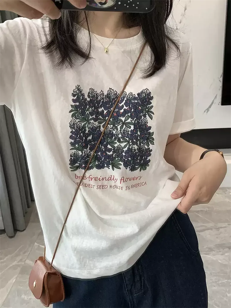 純棉打底衫慵懶寬松花朵印花圓領短袖大碼T恤