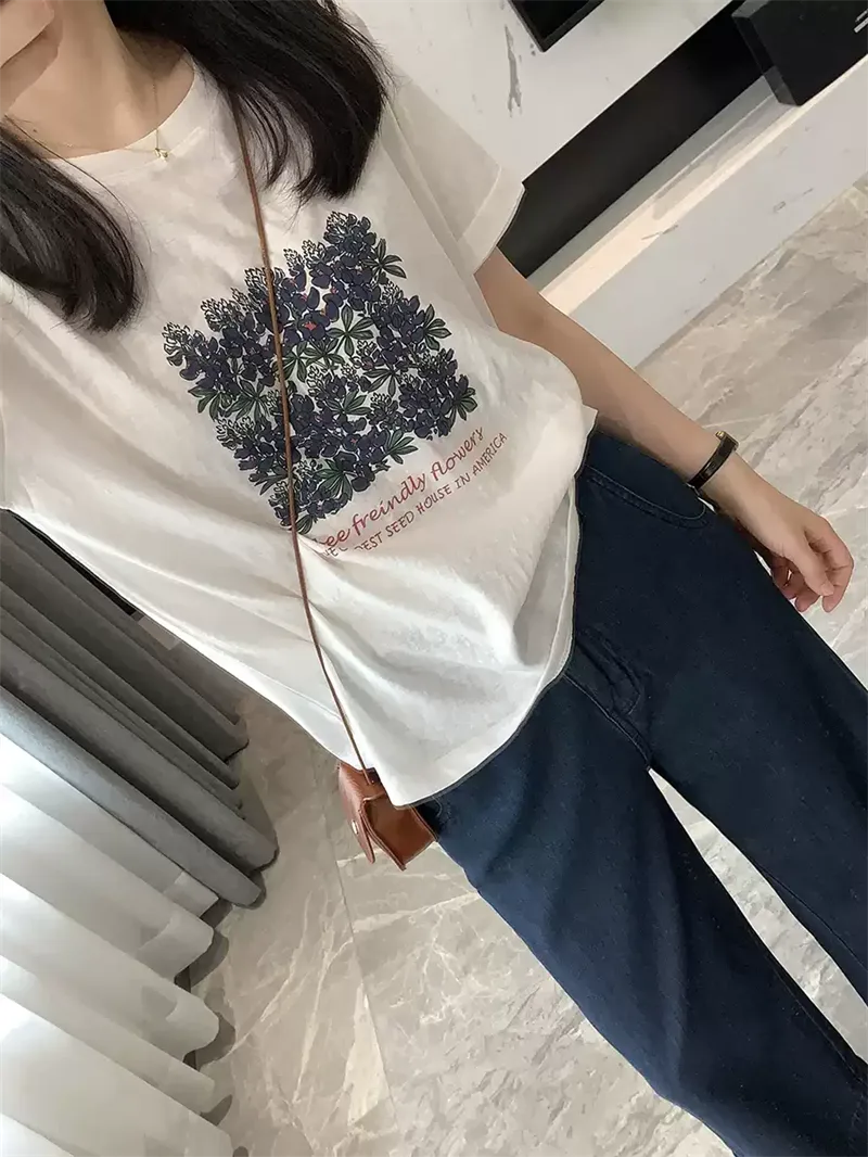 純棉打底衫慵懶寬松花朵印花圓領短袖大碼T恤:圖片 2