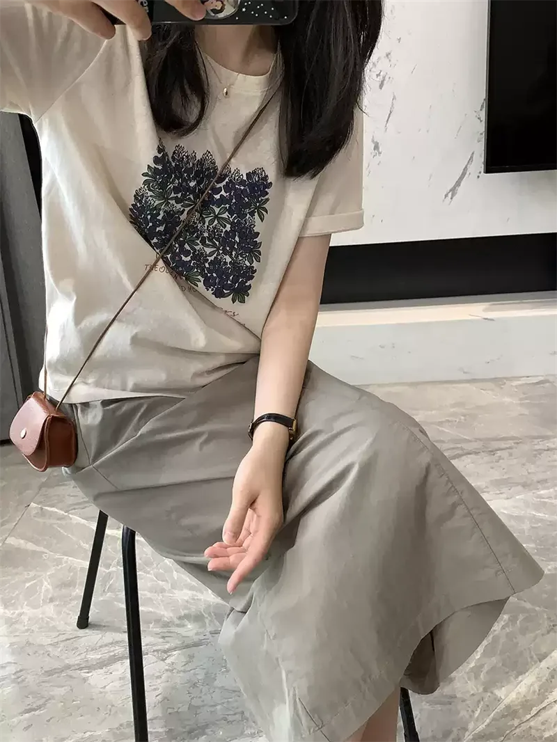 純棉打底衫慵懶寬松花朵印花圓領短袖大碼T恤:圖片 4