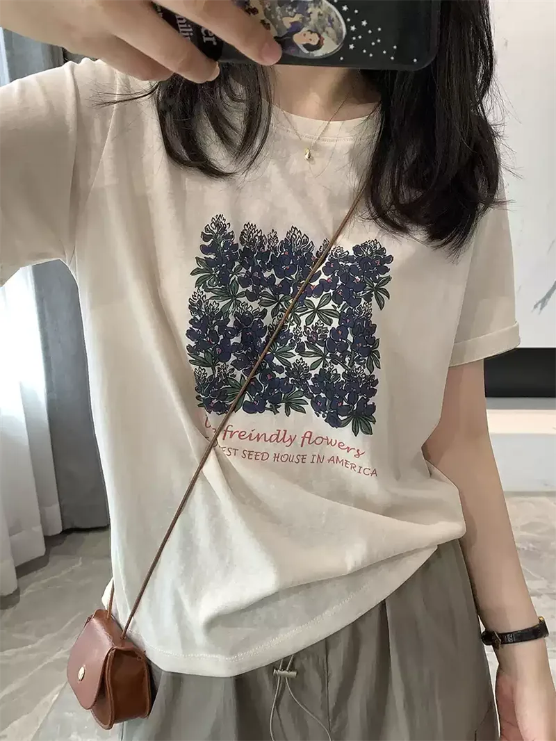純棉打底衫慵懶寬松花朵印花圓領短袖大碼T恤 商品細節 4