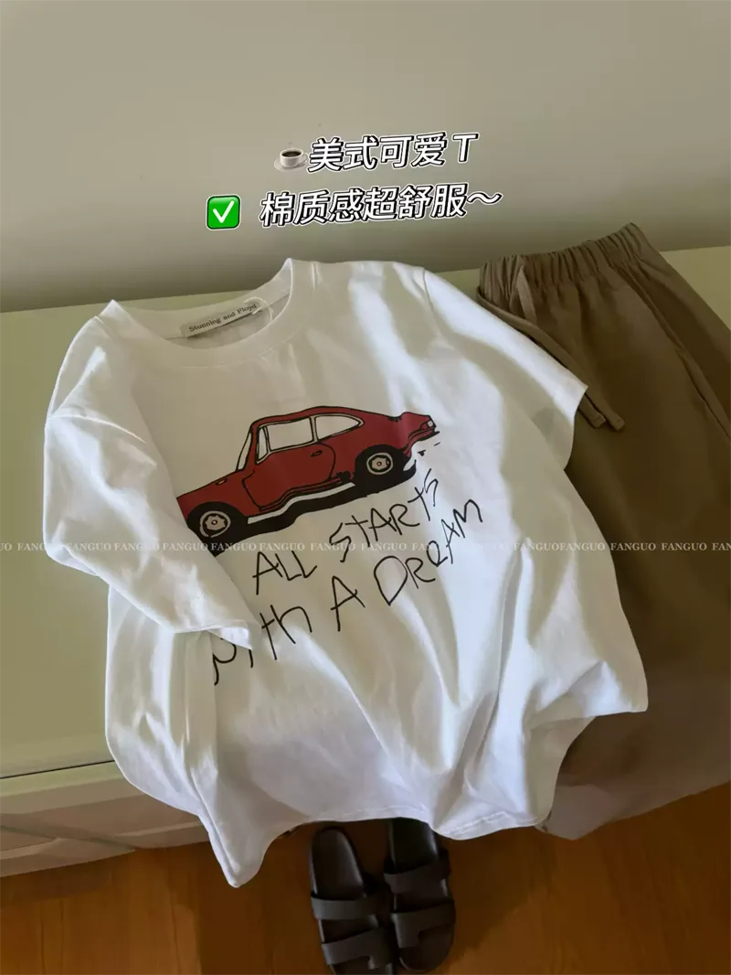 純棉打底衫慵懶寬松小汽車印花圓領短袖大碼T恤 商品細節 3