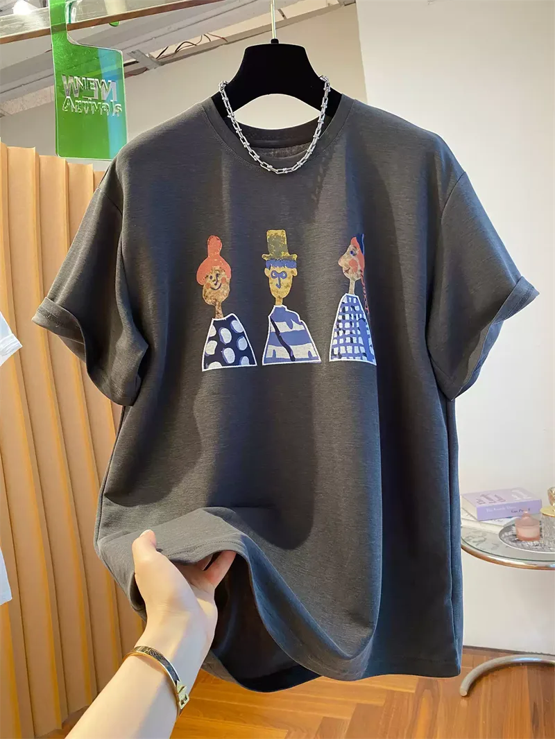 純棉打底衫慵懶寬松卡通印花圓領短袖大碼T恤:圖片 4