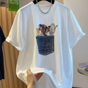 純棉打底衫慵懶寬松卡通印花圓領短袖大碼T恤