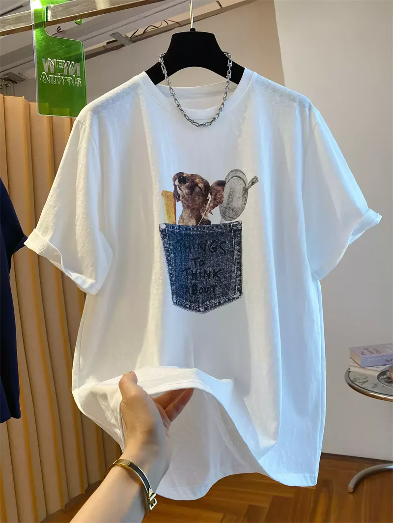 純棉打底衫慵懶寬松卡通印花圓領短袖大碼T恤
