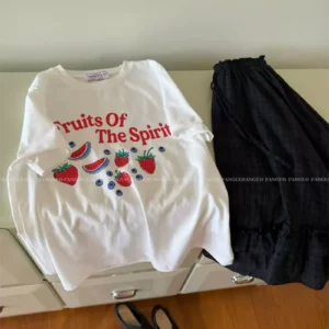 純棉打底衫慵懶寬松水果印花圓領短袖大碼T恤