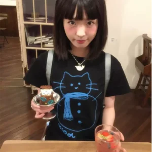 純棉打底衫慵懶寬松卡通印花圓領短袖大碼T恤