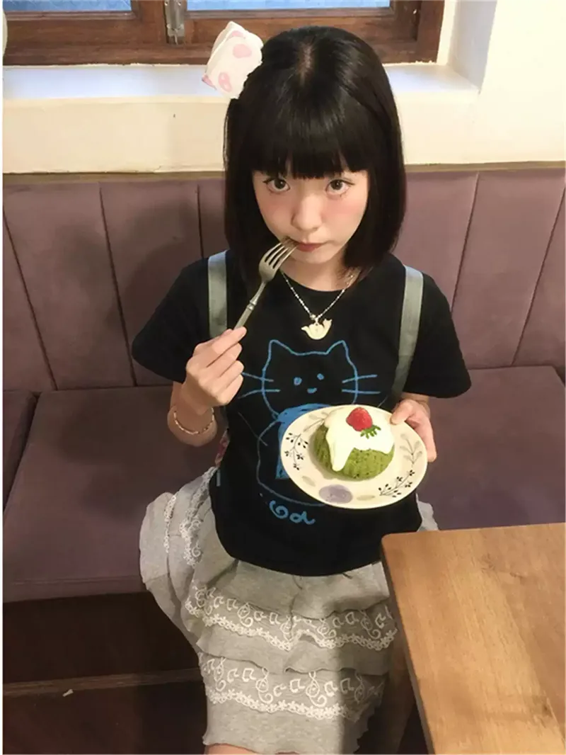 純棉打底衫慵懶寬松卡通印花圓領短袖大碼T恤:圖片 5