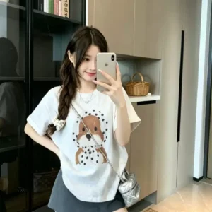 純棉打底衫慵懶寬松小狗印花圓領短袖大碼T恤