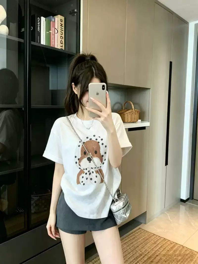 純棉打底衫慵懶寬松小狗印花圓領短袖大碼T恤:圖片 4