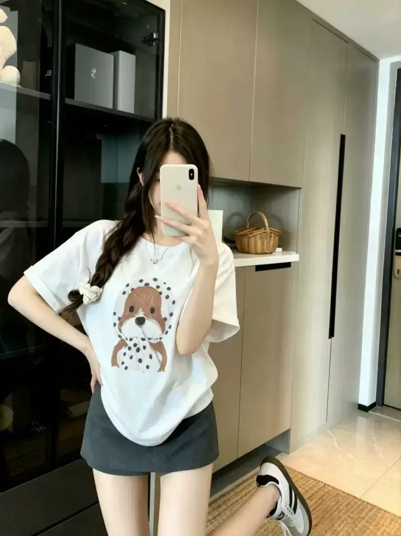 純棉打底衫慵懶寬松小狗印花圓領短袖大碼T恤:圖片 5