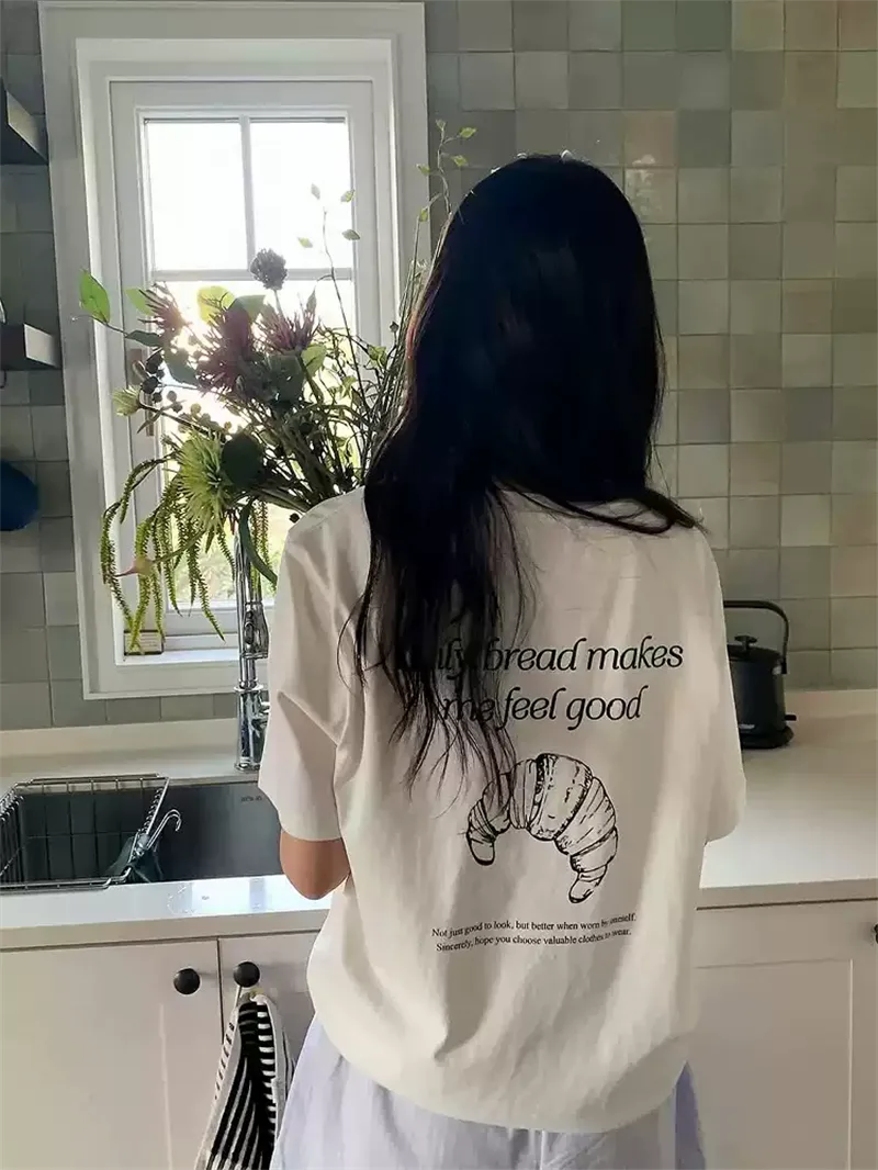 純棉打底衫慵懶寬松字母印花圓領短袖大碼T恤