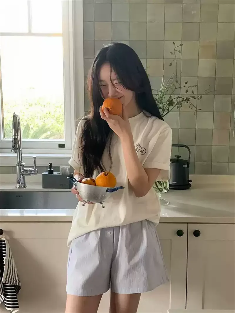 純棉打底衫慵懶寬松字母印花圓領短袖大碼T恤:圖片 2