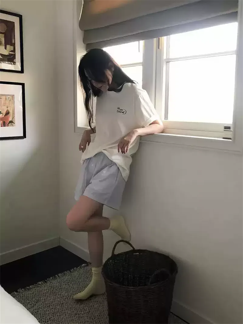 純棉打底衫慵懶寬松字母印花圓領短袖大碼T恤:圖片 5