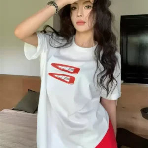 純棉打底衫慵懶寬松發夾印花圓領短袖大碼T恤