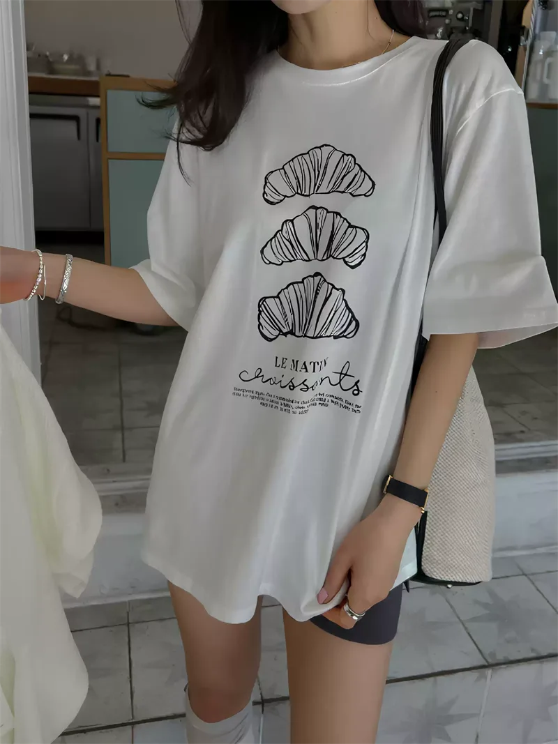 純棉打底衫慵懶寬松字母印花圓領短袖大碼T恤