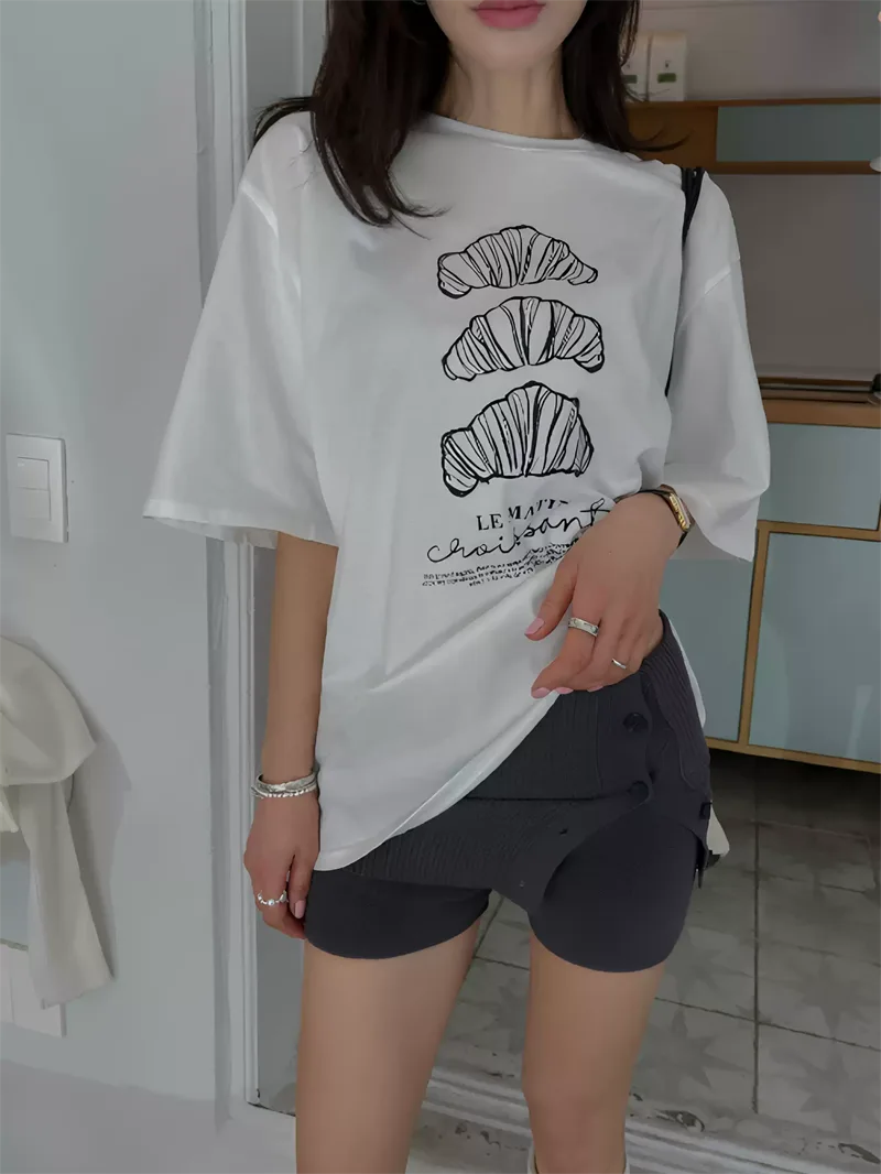 純棉打底衫慵懶寬松字母印花圓領短袖大碼T恤:圖片 2