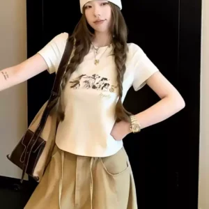 純棉打底衫女小狗印花圓領短袖T恤寬松上衣
