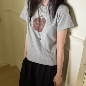 純棉打底衫女蘋果印花圓領短袖T恤寬松上衣