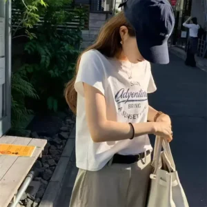 純棉打底衫女字母印花圓領短袖T恤寬松上衣